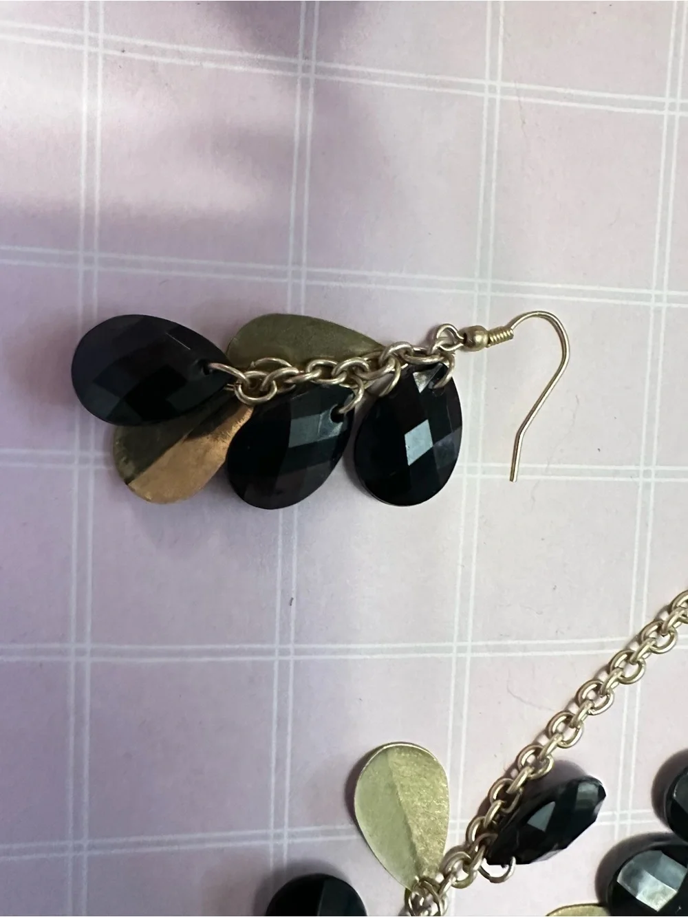 Gold Chain Necklace and Earring Set with Black Faceted Teardrops